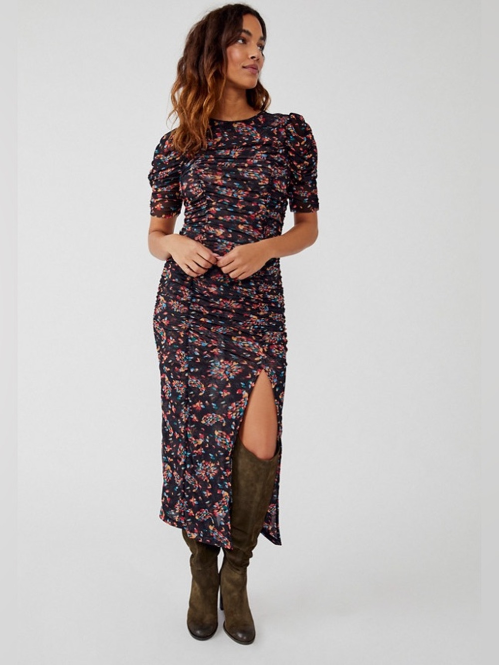 Free People Briella Midi Dress Black Floral Ruched NWT Size S